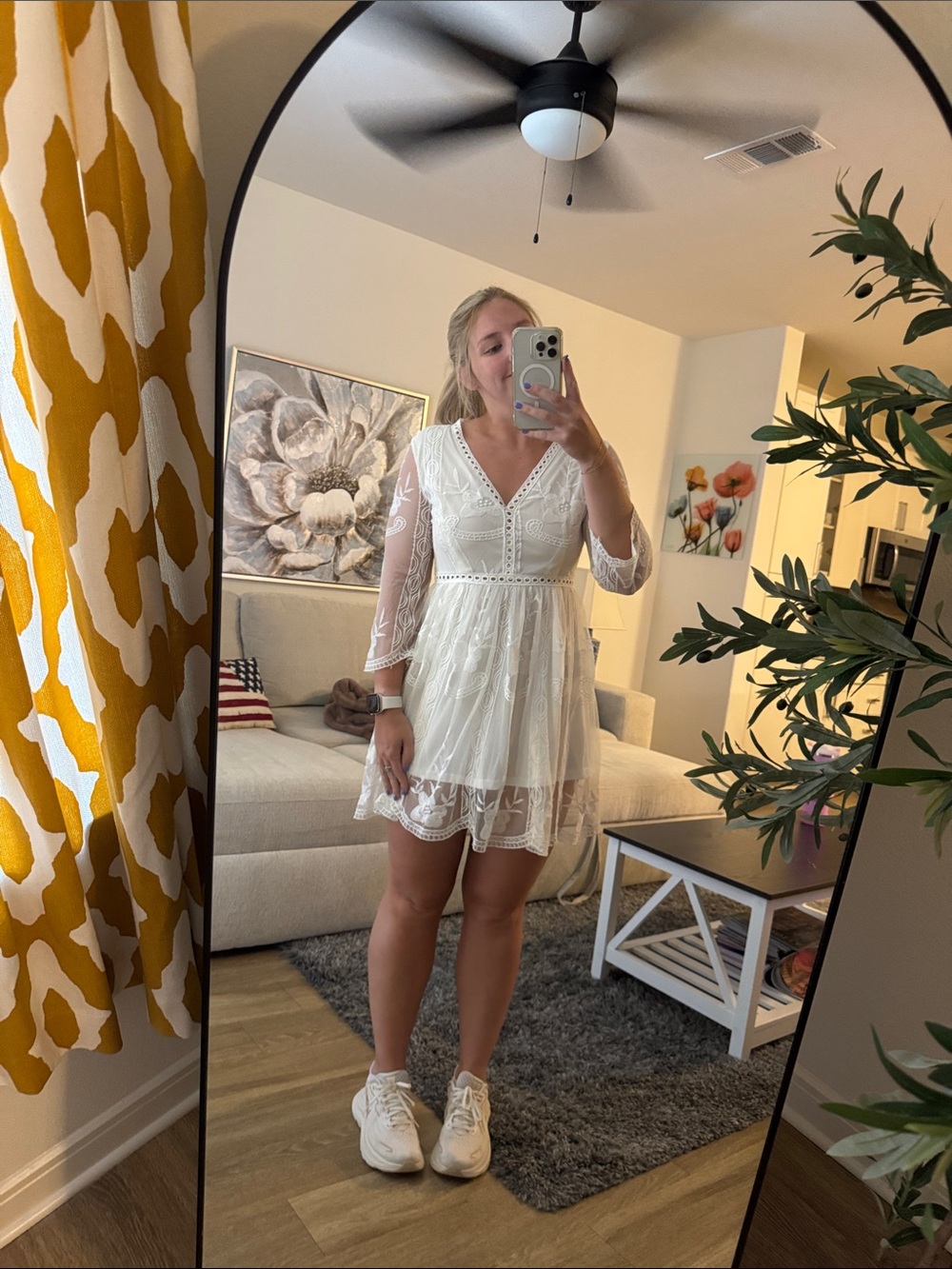 Lulu's White Long-Sleeve Embroidered V-Neck Midi Dress